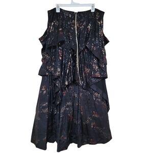 Vintage Style Black Metallic Floral Tiered Ruffle Maxi Skirt with Crinoline goth